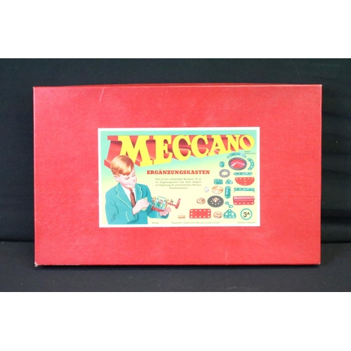 353 - Meccano - Wooden box of items and accessories to include wheels, ephemera, motor etc plus a boxed 3A... 