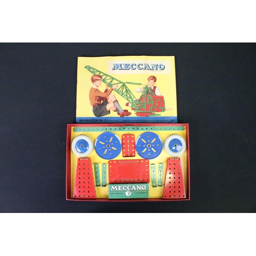 353 - Meccano - Wooden box of items and accessories to include wheels, ephemera, motor etc plus a boxed 3A... 