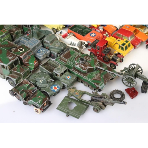 1302 - Quantity of mid 20th C play worn diecast models to include Corgi, Dinky, Matchbox featuring military... 