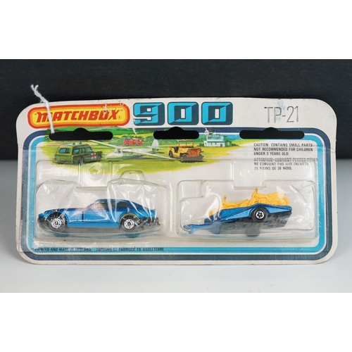 1308 - Carded Matchbox 900 TP-21 Datsun 280ZX with trailer (metallic blue) and 2 x yellow bikes, unopened, ... 