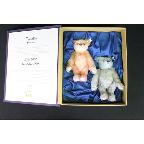 215 - Steiff - Boxed ltd edn Steiff Hello 2000 Goodbye 1999 Teddy Bear set, no 03019, complete with blue a... 