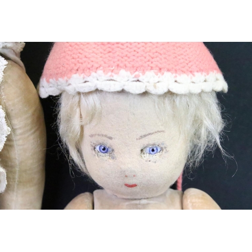 218 - Two early-to-mid 20th century Chad Valley 'Hygienic Toys' felt dolls with glass eyes and articulated... 