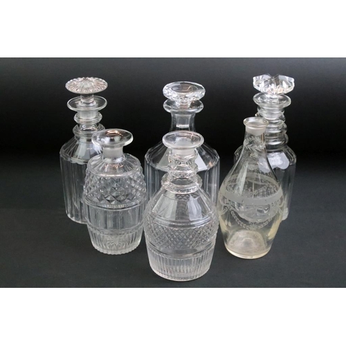 28 - Group of six 19th century glass decanters to include cut / faceted glass examples, featuring a hobna... 