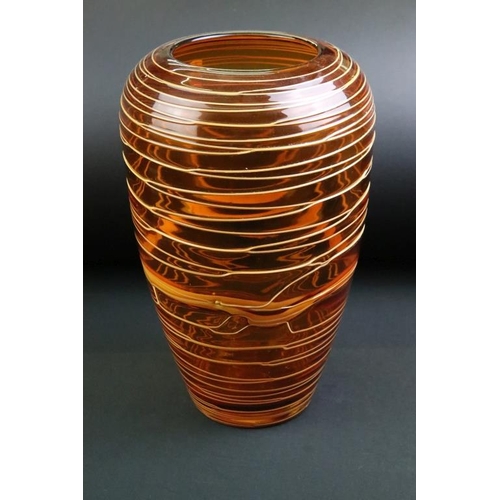 30 - Amber studio art glass vase of tapering form, with spiralling 'thread' decoration, ground pontil to ... 