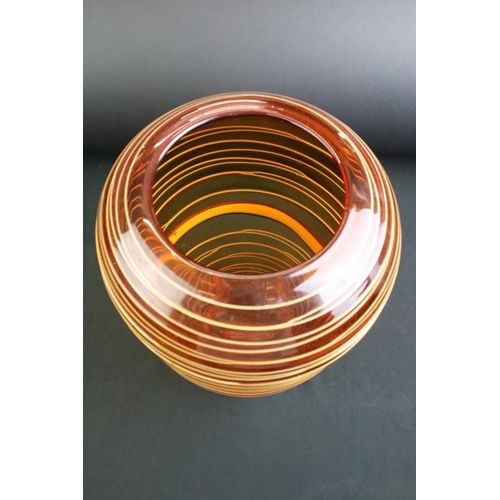 30 - Amber studio art glass vase of tapering form, with spiralling 'thread' decoration, ground pontil to ... 