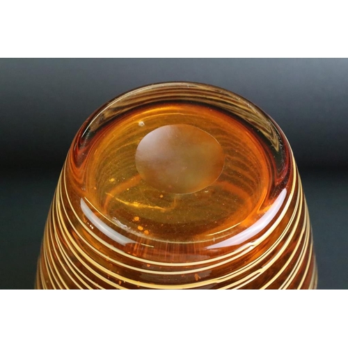 30 - Amber studio art glass vase of tapering form, with spiralling 'thread' decoration, ground pontil to ... 