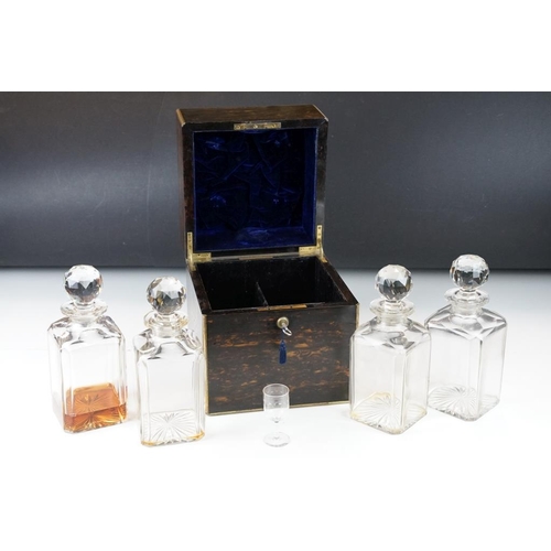 203 - 19th Century Victorian coromandel wood decanter box housing four decanter bottle with faceted stoppe... 