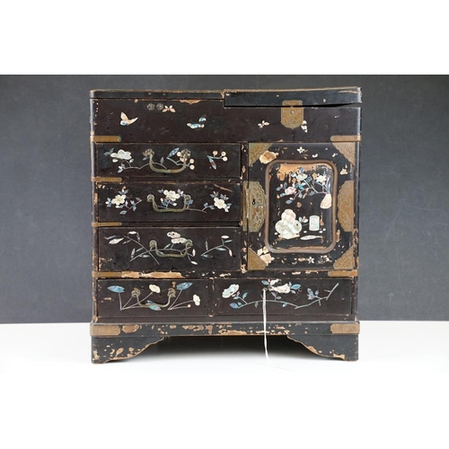 205 - Japanese black lacquered table-top cabinet with inlaid M.O.P & abalone shell decoration, five drawer... 