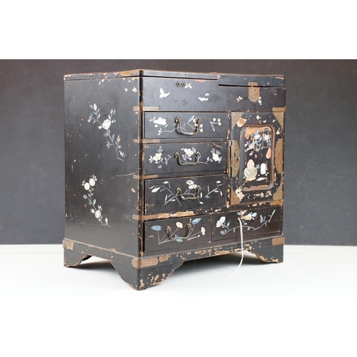 205 - Japanese black lacquered table-top cabinet with inlaid M.O.P & abalone shell decoration, five drawer... 