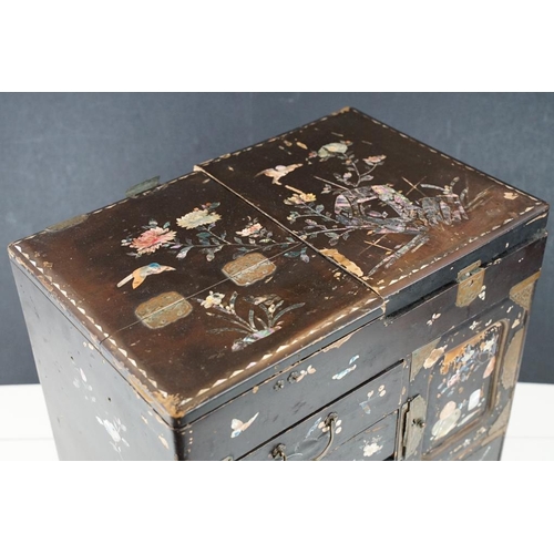 205 - Japanese black lacquered table-top cabinet with inlaid M.O.P & abalone shell decoration, five drawer... 