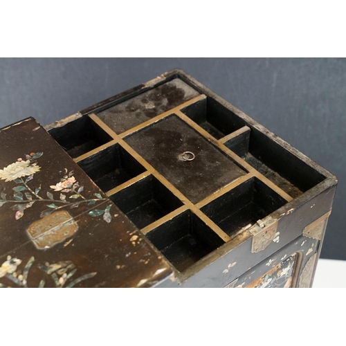 205 - Japanese black lacquered table-top cabinet with inlaid M.O.P & abalone shell decoration, five drawer... 