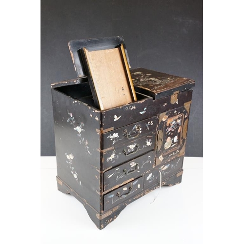 205 - Japanese black lacquered table-top cabinet with inlaid M.O.P & abalone shell decoration, five drawer... 