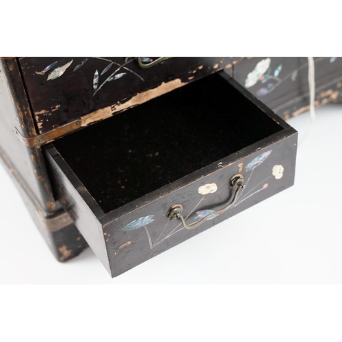 205 - Japanese black lacquered table-top cabinet with inlaid M.O.P & abalone shell decoration, five drawer... 