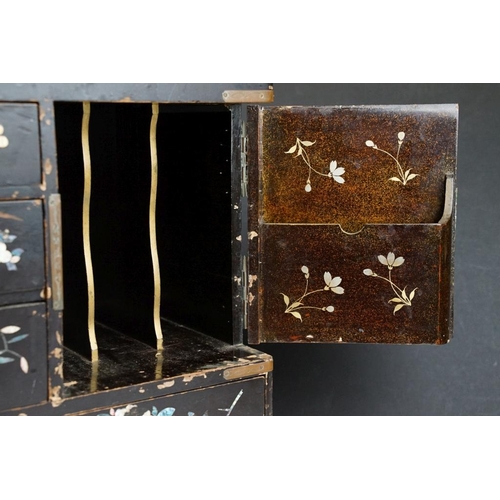 205 - Japanese black lacquered table-top cabinet with inlaid M.O.P & abalone shell decoration, five drawer... 