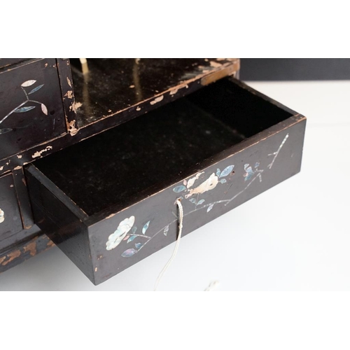 205 - Japanese black lacquered table-top cabinet with inlaid M.O.P & abalone shell decoration, five drawer... 