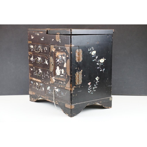 205 - Japanese black lacquered table-top cabinet with inlaid M.O.P & abalone shell decoration, five drawer... 