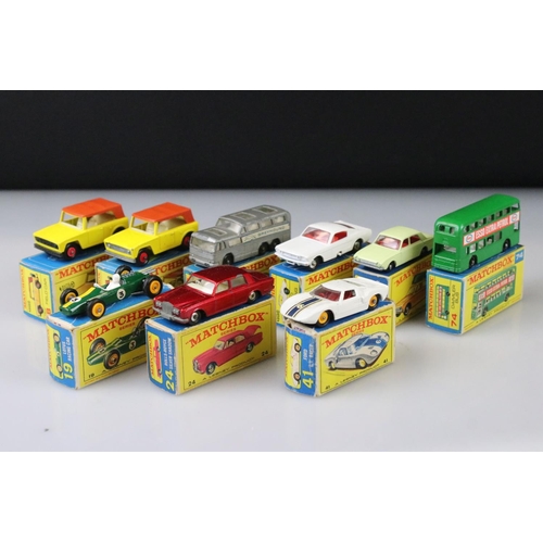 1370 - Nine boxed Matchbox 75 Series diecast models to include 18 Field Car, 19 Lotus Racing Car, 66 Greyho... 