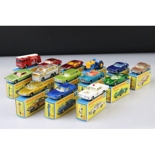 1371 - 14 Boxed Matchbox Lesney Superfast diecast models to include 45 Ford Group 6, 55 Police Car, 62 Merc... 