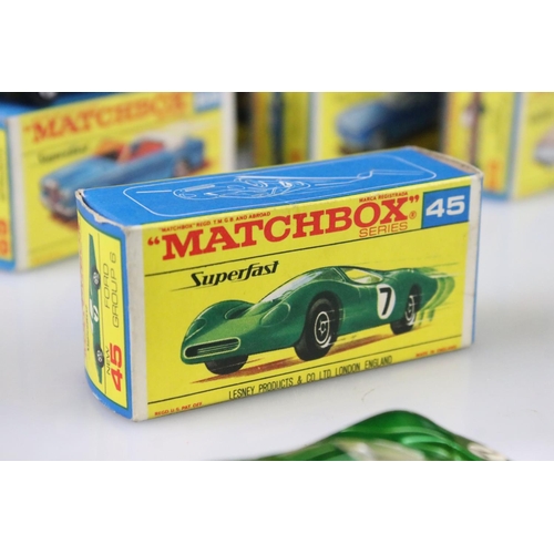 1371 - 14 Boxed Matchbox Lesney Superfast diecast models to include 45 Ford Group 6, 55 Police Car, 62 Merc... 