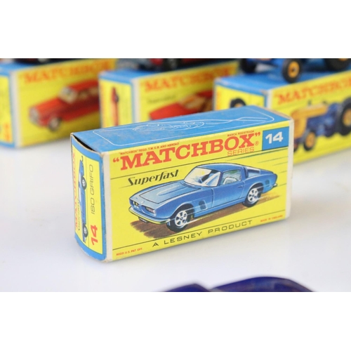 1371 - 14 Boxed Matchbox Lesney Superfast diecast models to include 45 Ford Group 6, 55 Police Car, 62 Merc... 