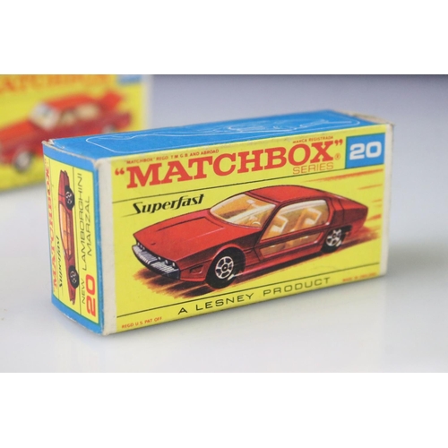 1371 - 14 Boxed Matchbox Lesney Superfast diecast models to include 45 Ford Group 6, 55 Police Car, 62 Merc... 