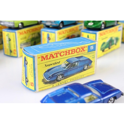 1371 - 14 Boxed Matchbox Lesney Superfast diecast models to include 45 Ford Group 6, 55 Police Car, 62 Merc... 