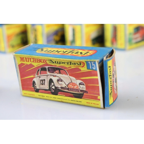 1376 - 17 Boxed Matchbox Superfast diecast models to include 41 Ford GT, 29 Racing Mini, 57 Landrover Fore ... 