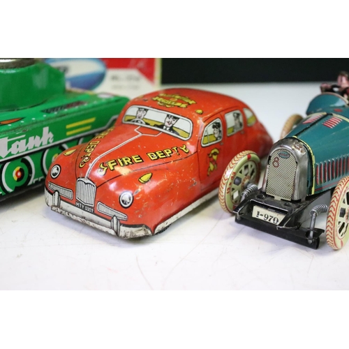 447 - Five vintage tin plate models to include boxed Rocket Racer Friction MF735 (China), Mettoy Fire Car,... 