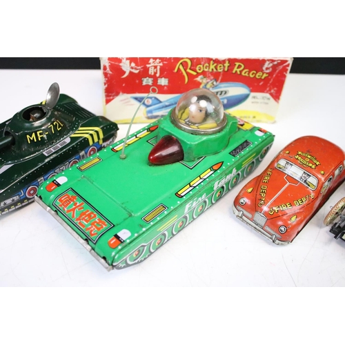 447 - Five vintage tin plate models to include boxed Rocket Racer Friction MF735 (China), Mettoy Fire Car,... 