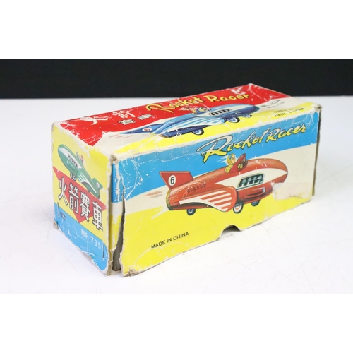 447 - Five vintage tin plate models to include boxed Rocket Racer Friction MF735 (China), Mettoy Fire Car,... 