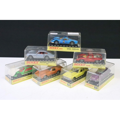 1380 - Seven cased Dinky diecast models to include 131 Jaguar E Type 2+2, 188 Jensen FF, 221 Corvette Sting... 