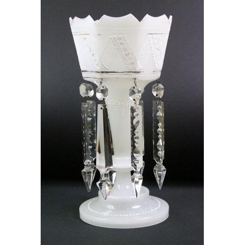 15 - Pair of 19th Century Victorian white glass lustres having crenelated rims with enamelled lace design... 