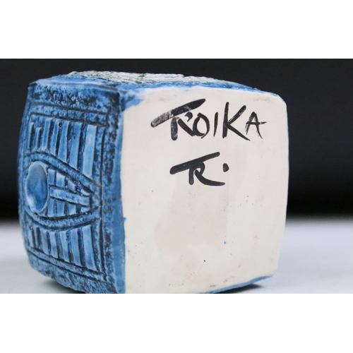 2 - Troika Cornish pottery 1960's cube vase having textured sides in a blue colourway. Signed Troika wit... 