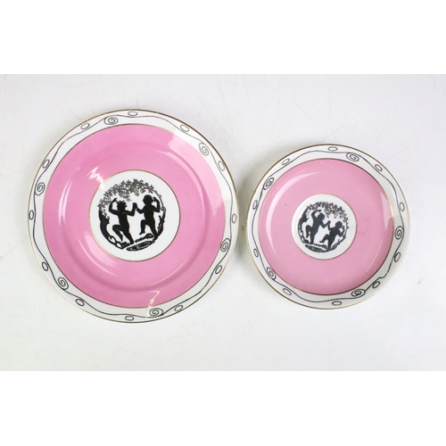 27 - Group Ye Olde English Grosvenor China ceramics having a pink ground with a black and gilt classical ... 