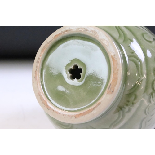 29 - Chinese Yue kiln style green glazed ornament / ewer having a moulded dragon handle with cockerel spo... 