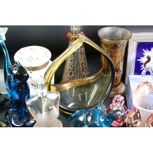 66 - Assorted glass to include a flash glass decanter, assorted perfume bottles, paperweights, Czech glas... 