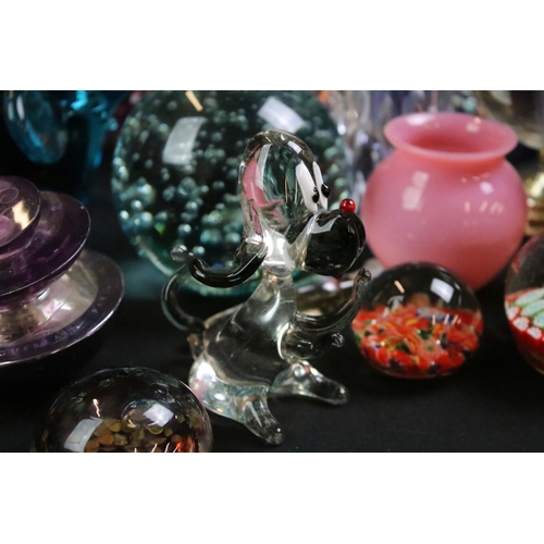 66 - Assorted glass to include a flash glass decanter, assorted perfume bottles, paperweights, Czech glas... 