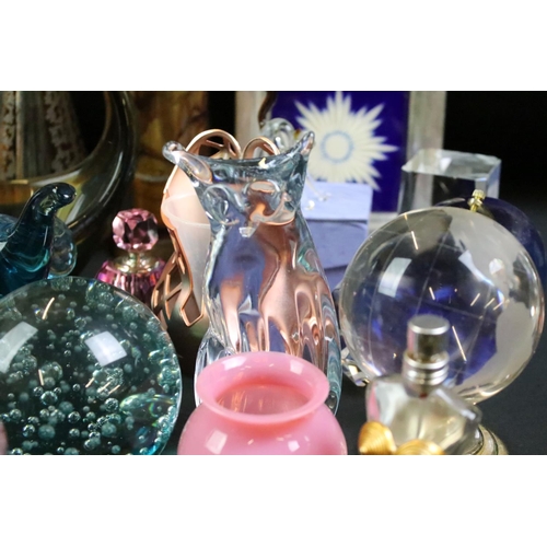 66 - Assorted glass to include a flash glass decanter, assorted perfume bottles, paperweights, Czech glas... 