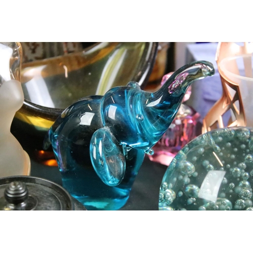 66 - Assorted glass to include a flash glass decanter, assorted perfume bottles, paperweights, Czech glas... 