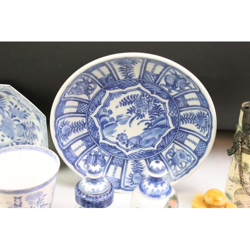 55 - Collection of Chinese ceramics to include an octagonal blue and white dish, two 19th Century transfe... 