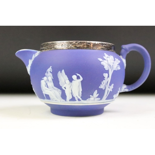 57 - Group of 1930s Wedgwood Jasperware ceramics to include teapot, twin handled sugar bowl, cream jug, l... 