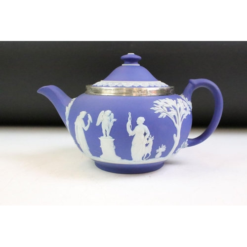 57 - Group of 1930s Wedgwood Jasperware ceramics to include teapot, twin handled sugar bowl, cream jug, l... 