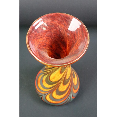 60 - Two Gibraltar crystal studio art glass vases to include one mottled orange and iridescent glass vase... 