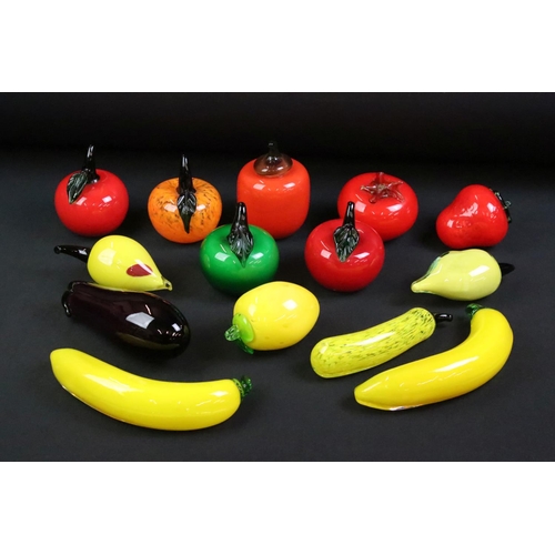 64 - Collection of Murano glass style fruit ornaments including tomatoes, bananas, apples etc. Banana mea... 