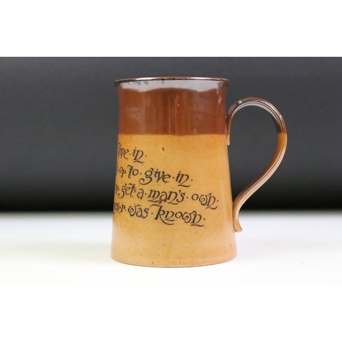 28 - Doulton Lambeth Salt-glazed Stoneware Tankard with a motto ‘  This is a good world to live in ……’ im... 