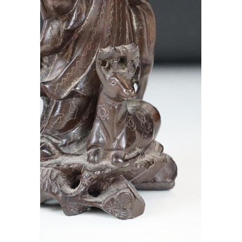 361 - Chinese carved hardwood figure depicting Shou Lau with a crane and deer to the naturalistic base. Me... 