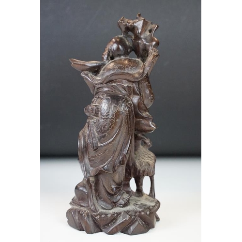 361 - Chinese carved hardwood figure depicting Shou Lau with a crane and deer to the naturalistic base. Me... 