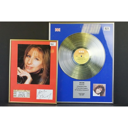 921 - Memorabilia - Two framed Barbara Streisand items to include colour photo with signed card and BPI pr... 