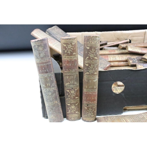 412 - Collection of assorted leather bound book spines with gilt decorative titling. Approx 32 spines in t... 