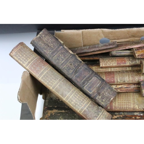 412 - Collection of assorted leather bound book spines with gilt decorative titling. Approx 32 spines in t... 